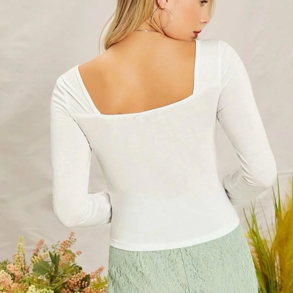 Sweetheart neckline tied long sleeve crop top white boho - Picture 2 of 2